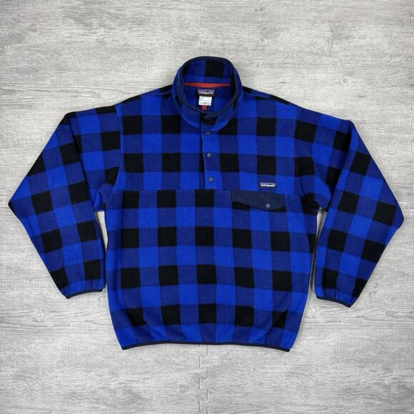 VTG Patagonia Synchilla Snap T Men’s Size M Blue Buffalo Plaid Fleece Sweater - Picture 1 of 10